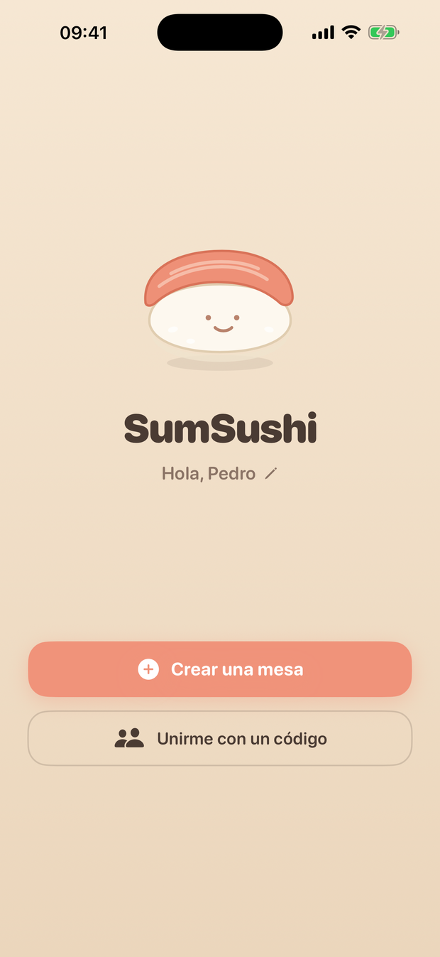 Pantalla de inicio: crear una mesa o unirse con un código